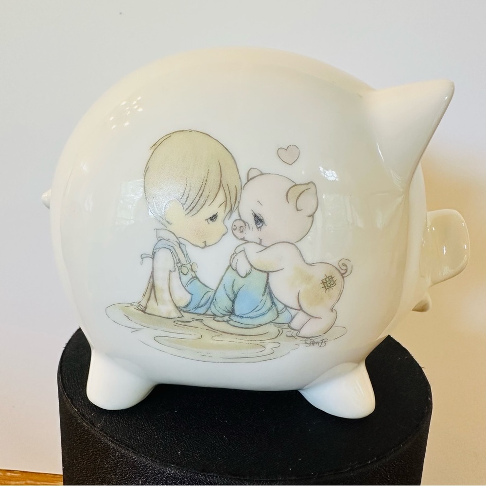 Precious Moments White and Blue Ceramic Piggy Bank 1985